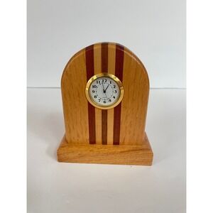 Vintage Mixed Hardwood Arch Tabletop Clock‎ – Handcrafted Oak & Mahogany Inlay